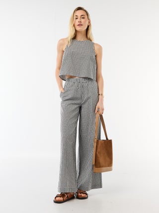 Pantalon large en coton à carreaux femme
