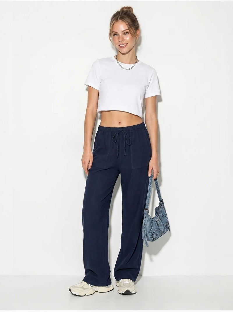 Pantalon large en coton à taille coulissée lucci Bleu marine - Kiabi
