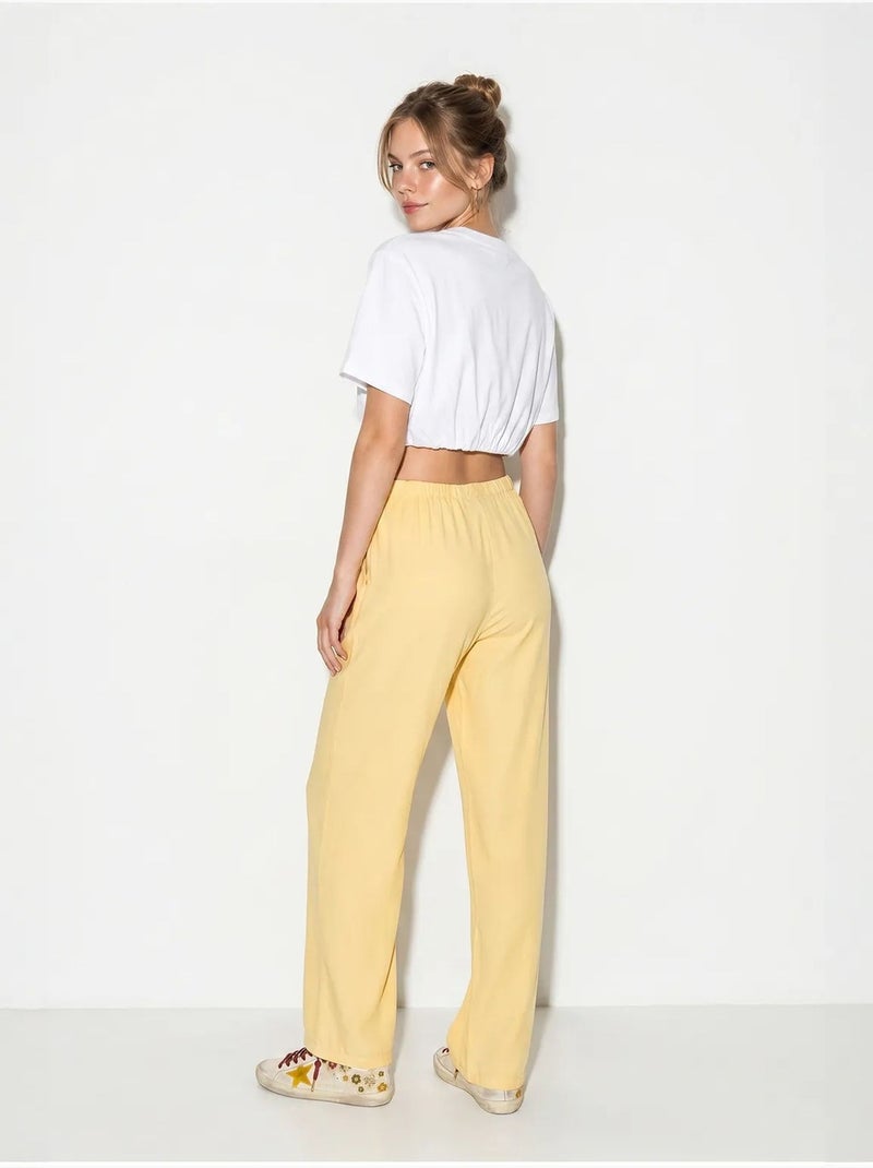 Pantalon large en coton à taille coulissée lucci Jaune citron - Kiabi