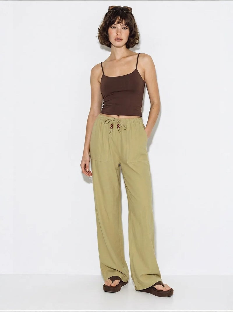 Pantalon large en coton à taille coulissée lucci Kaki - Kiabi
