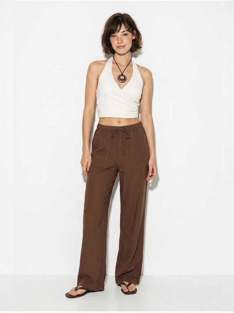 Pantalon large en coton à taille coulissée lucci Marron - Kiabi