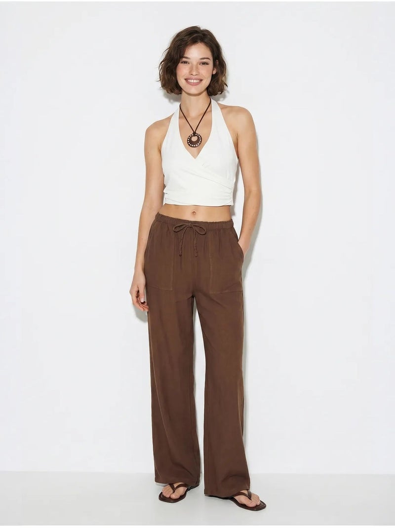 Pantalon large en coton à taille coulissée lucci Marron - Kiabi