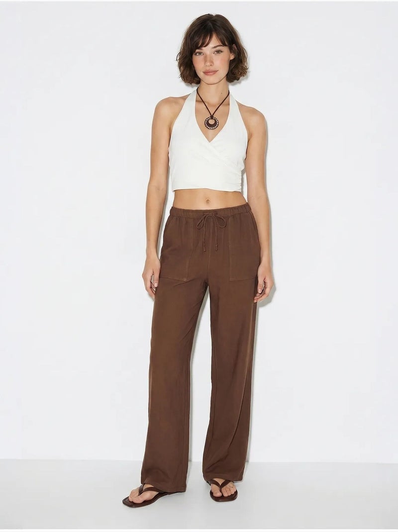 Pantalon large en coton à taille coulissée lucci Marron - Kiabi