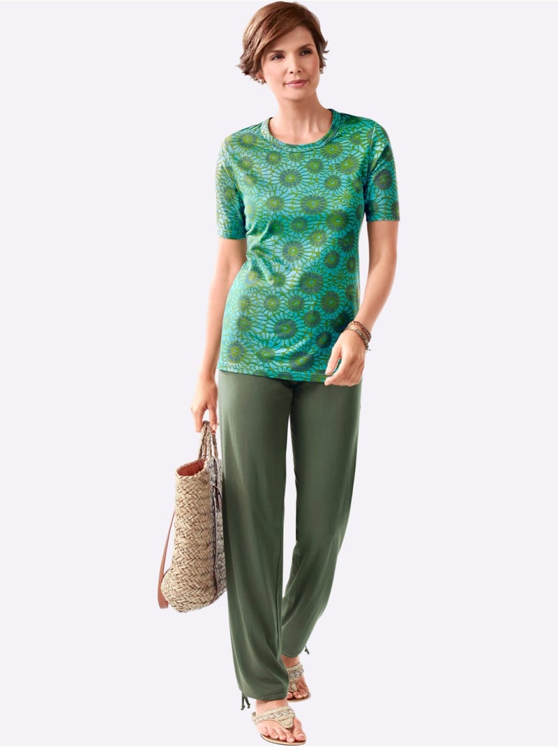 Pantalon large en coton avec ceinture élastique et ruban réglable - Taille courte - Moda Vilona Vert olive - Kiabi