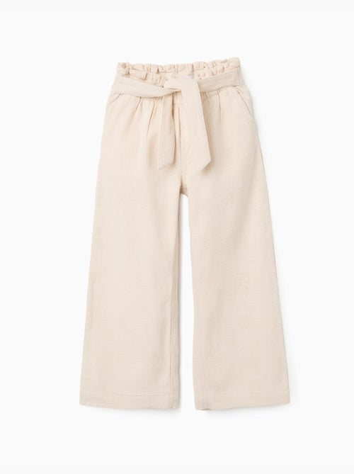 Pantalon large en coton dobby avec ceinture - Kiabi