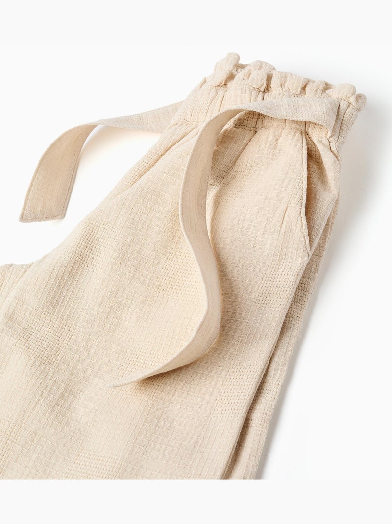 Pantalon large en coton dobby avec ceinture Blanc - Kiabi