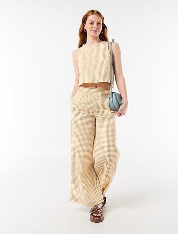 Pantalon large en coton texturé vichy
