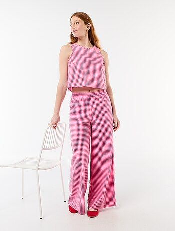 Pantalon large en coton texturé vichy