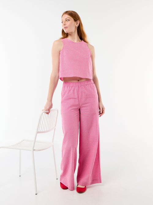 Pantalon large en coton texturé vichy - Kiabi