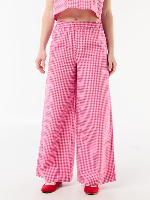 Pantalon large en coton texturé vichy - Kiabi