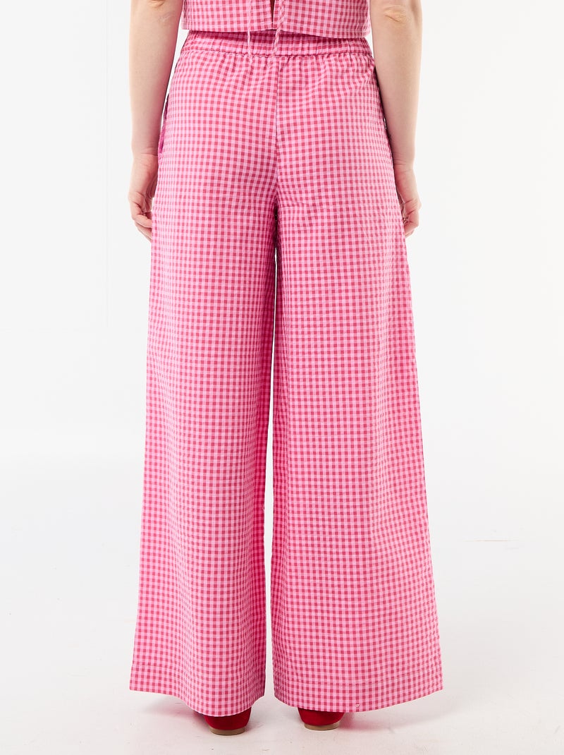 Pantalon large en coton texturé vichy Rose - Kiabi