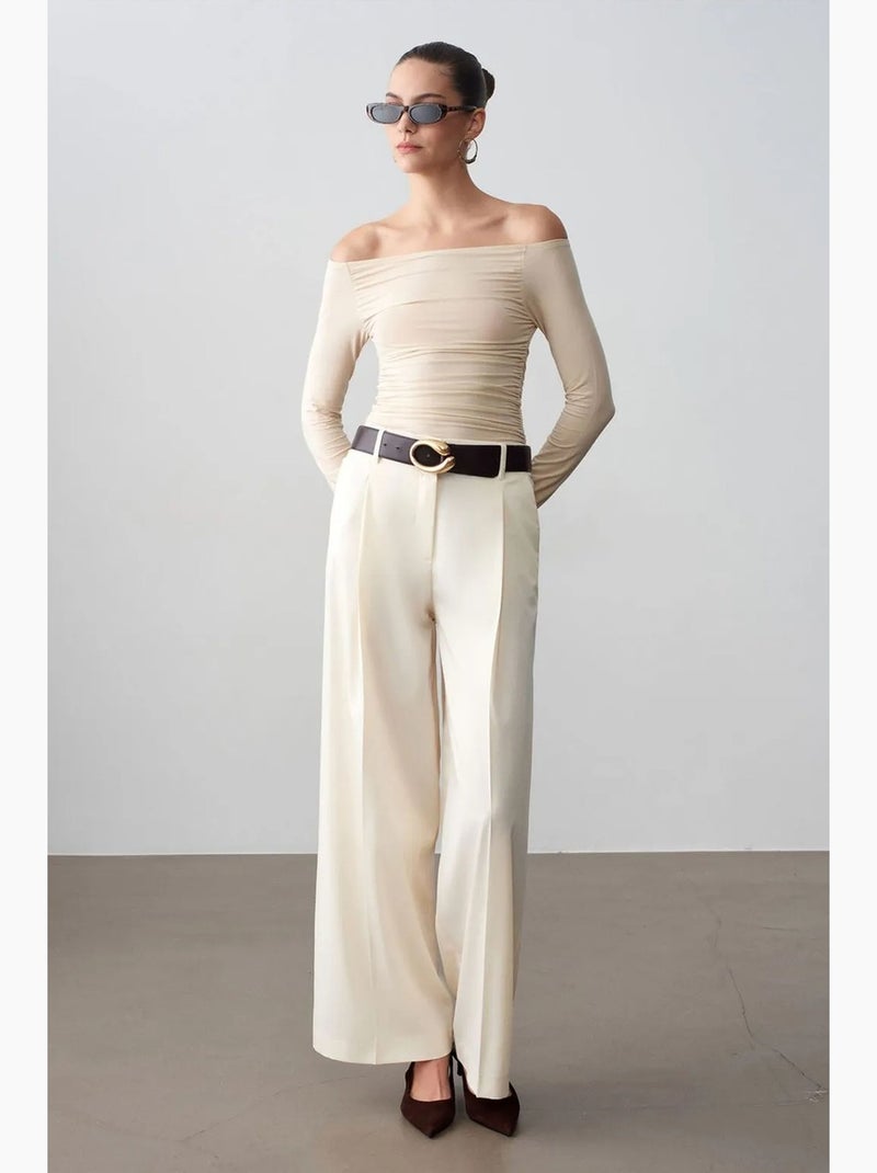 Pantalon large en crêpe à taille haute dilvin Crème - Kiabi