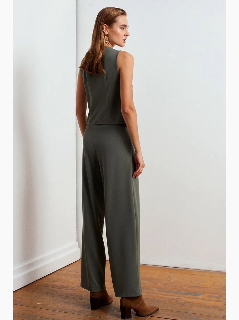 Pantalon large en crêpe à taille haute dilvin Kaki - Kiabi