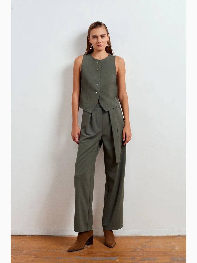 Pantalon large en crêpe à taille haute dilvin Kaki - Kiabi