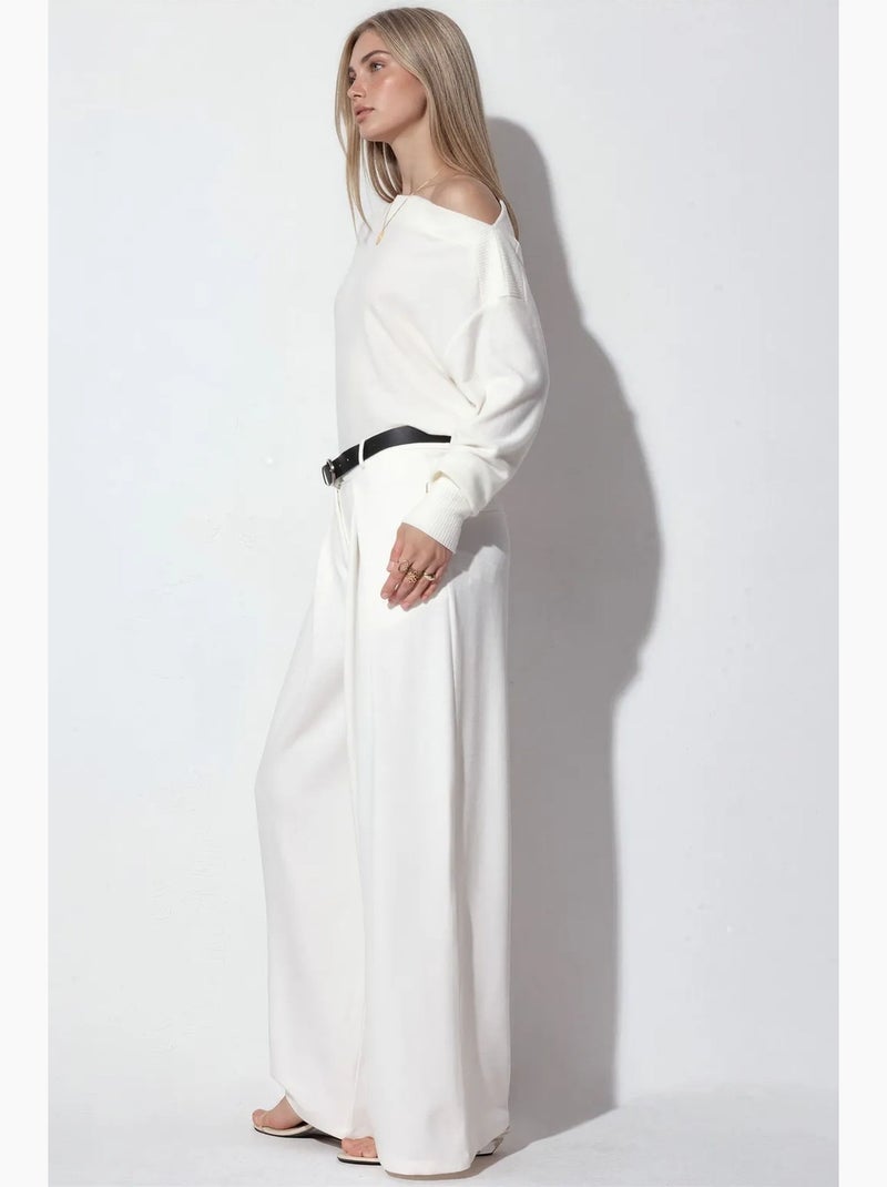 Pantalon large en crêpe à taille haute et ceinture busem Blanc cassé - Kiabi