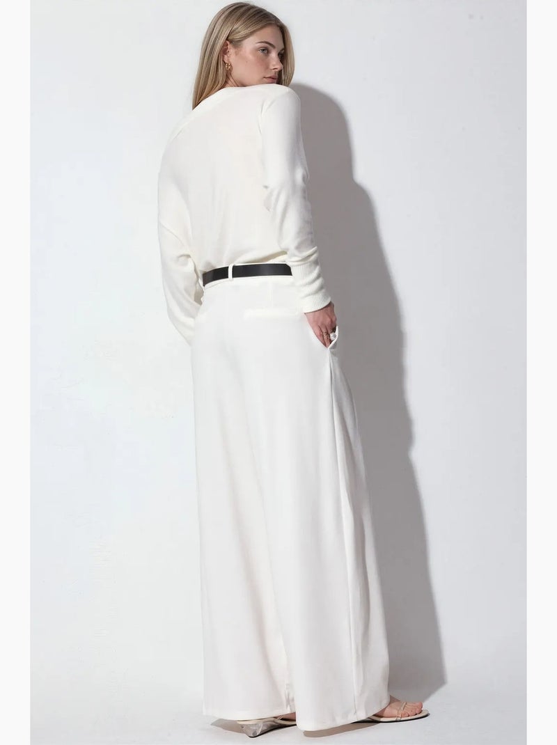 Pantalon large en crêpe à taille haute et ceinture busem Blanc cassé - Kiabi