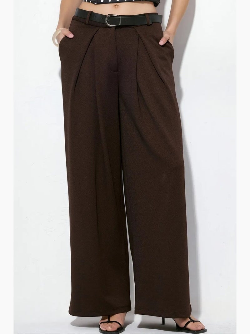 Pantalon large en crêpe à taille haute et ceinture busem Marron - Kiabi