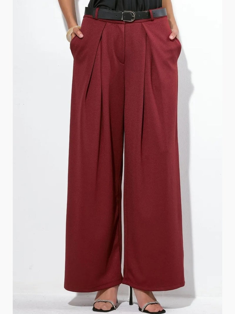 Pantalon large en crêpe à taille haute et ceinture busem Rouge bordeaux - Kiabi