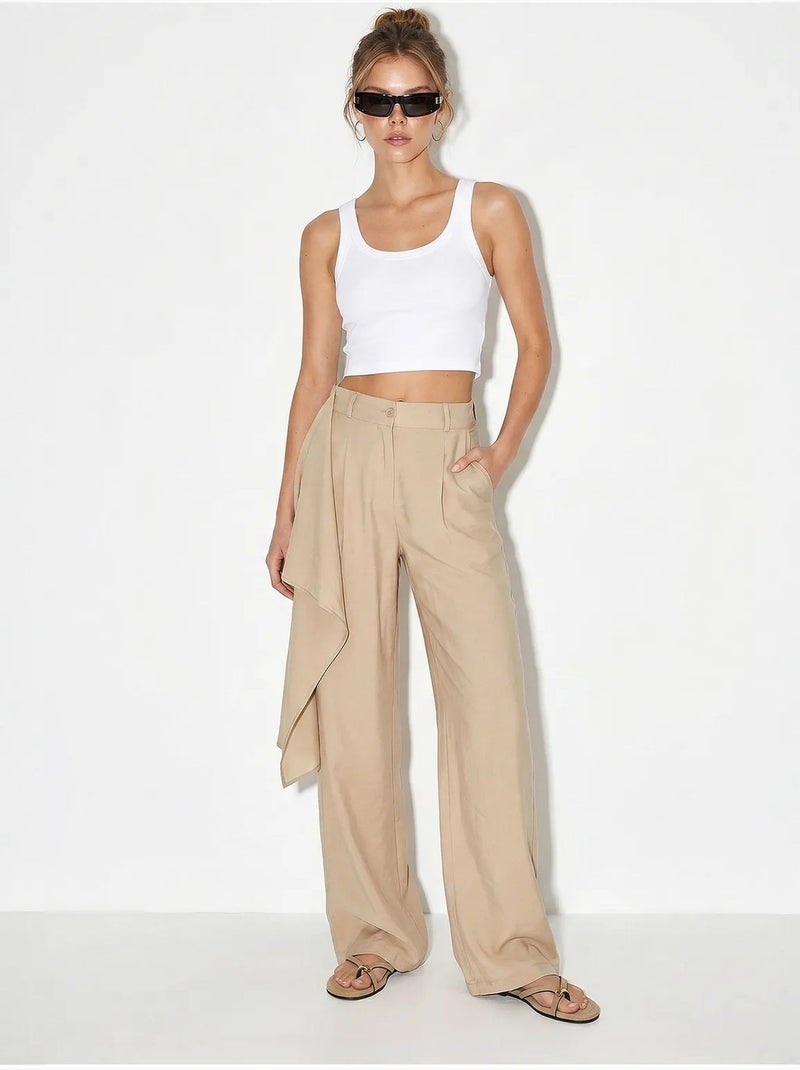 Pantalon large en crêpe à taille haute lucci Beige argile - Kiabi