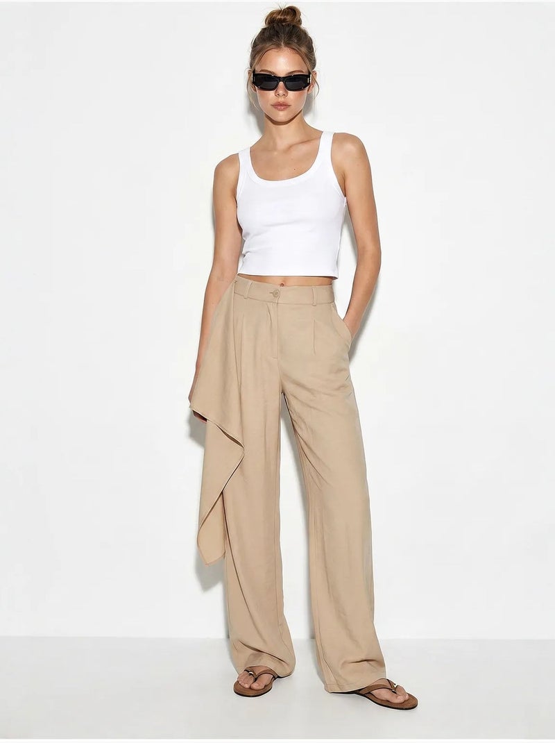 Pantalon large en crêpe à taille haute lucci Beige argile - Kiabi