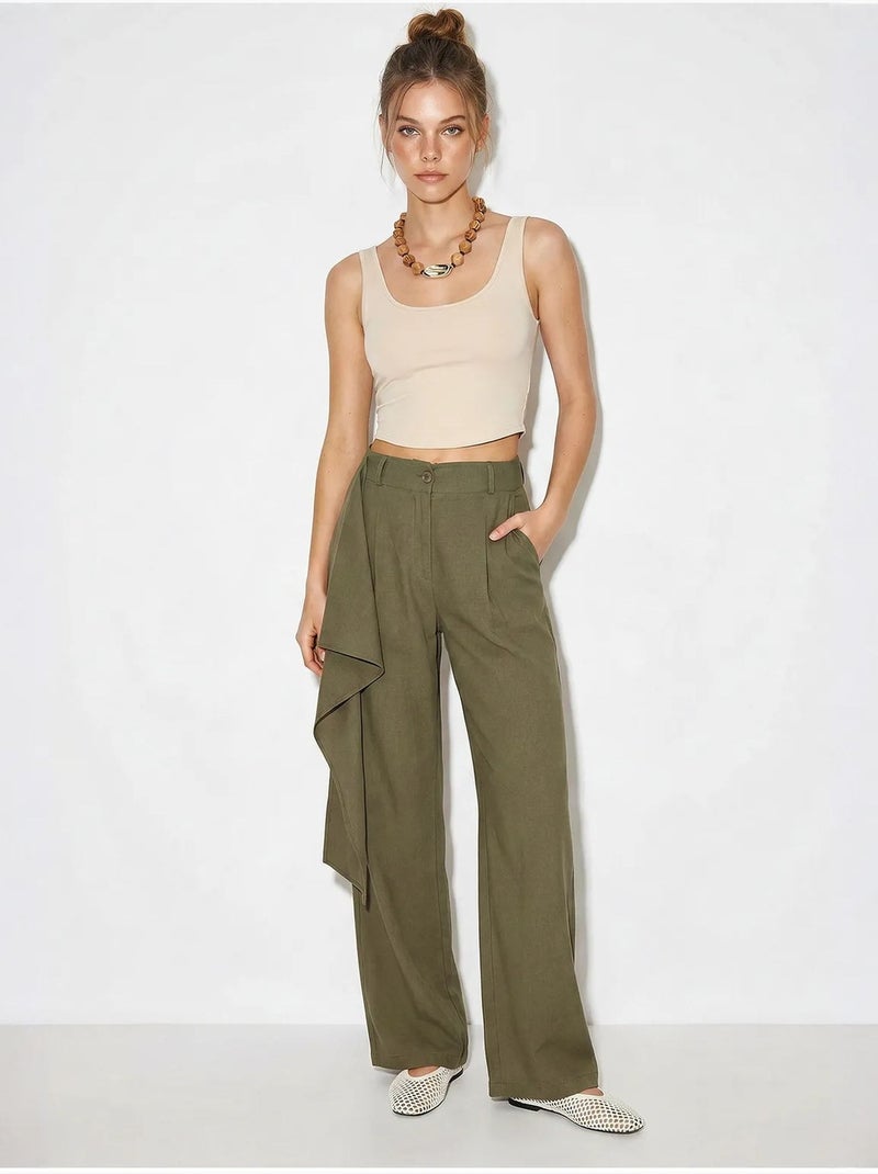 Pantalon large en crêpe à taille haute lucci Kaki - Kiabi