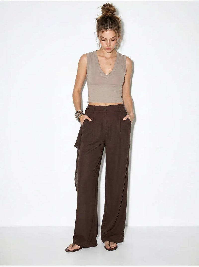 Pantalon large en crêpe à taille haute lucci Marron chocolat - Kiabi