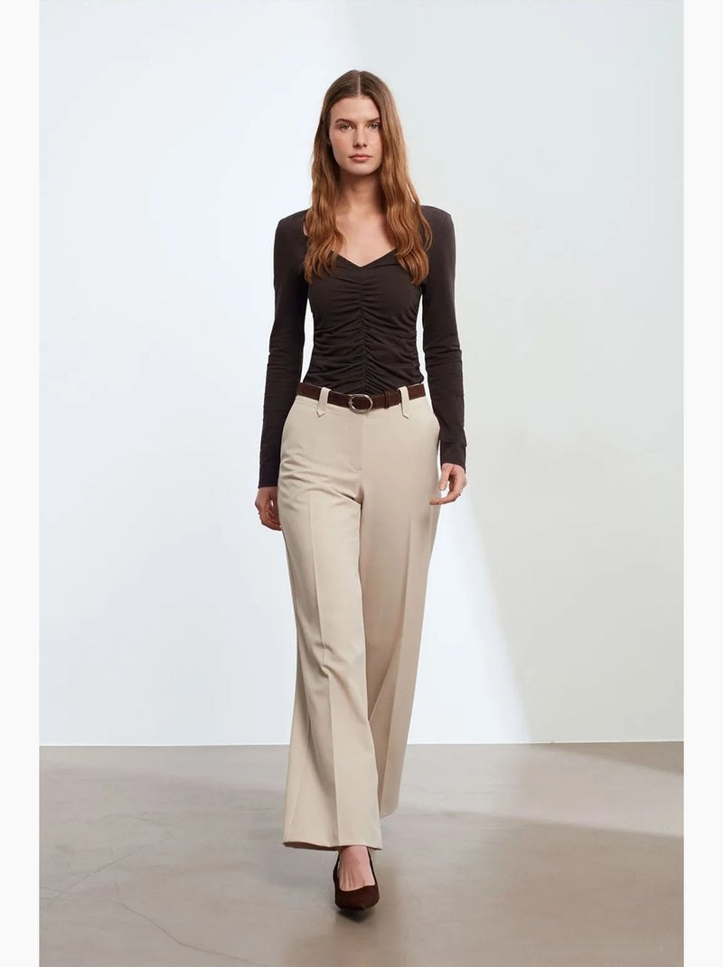 Pantalon large en crêpe à taille mi-haute dilvin Sable - Kiabi