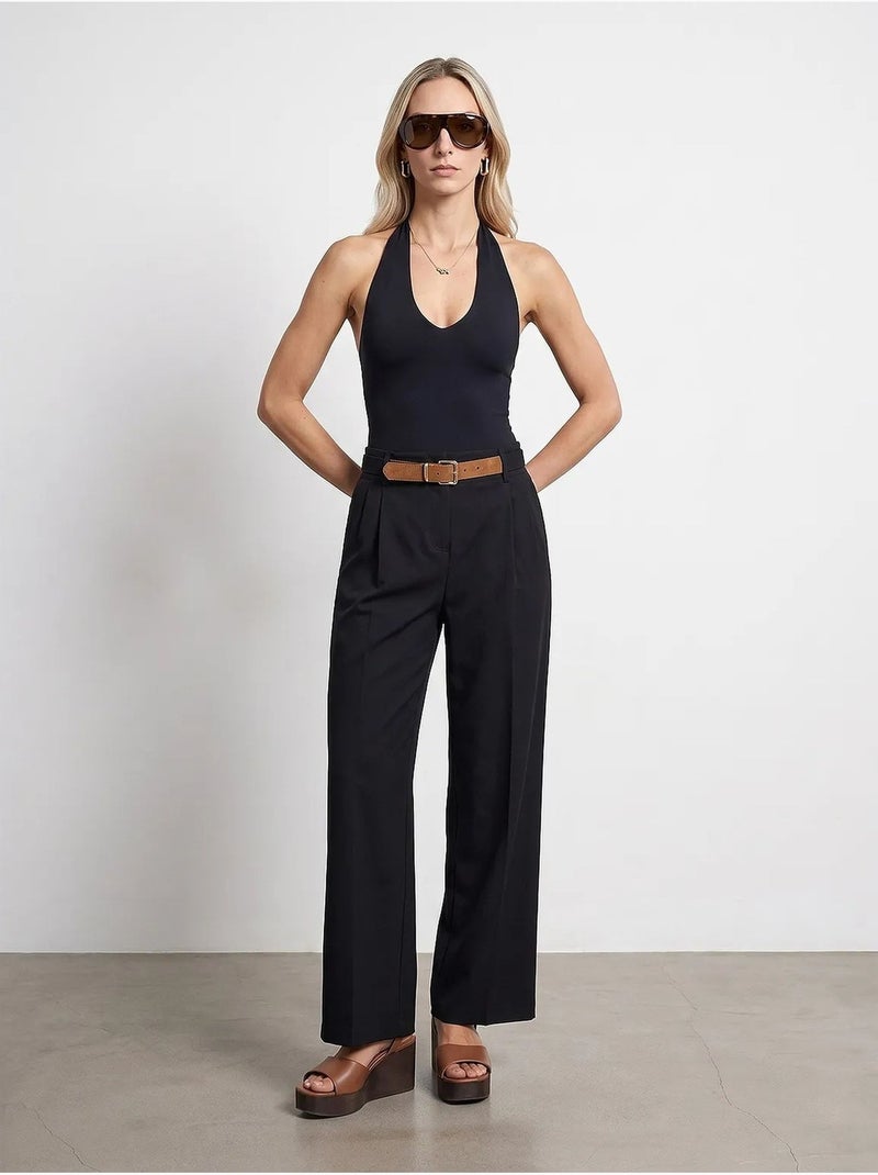 Pantalon large en crêpe avec ceinture dilvin Noir - Kiabi
