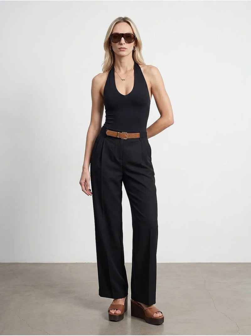 Pantalon large en crêpe avec ceinture dilvin Noir - Kiabi