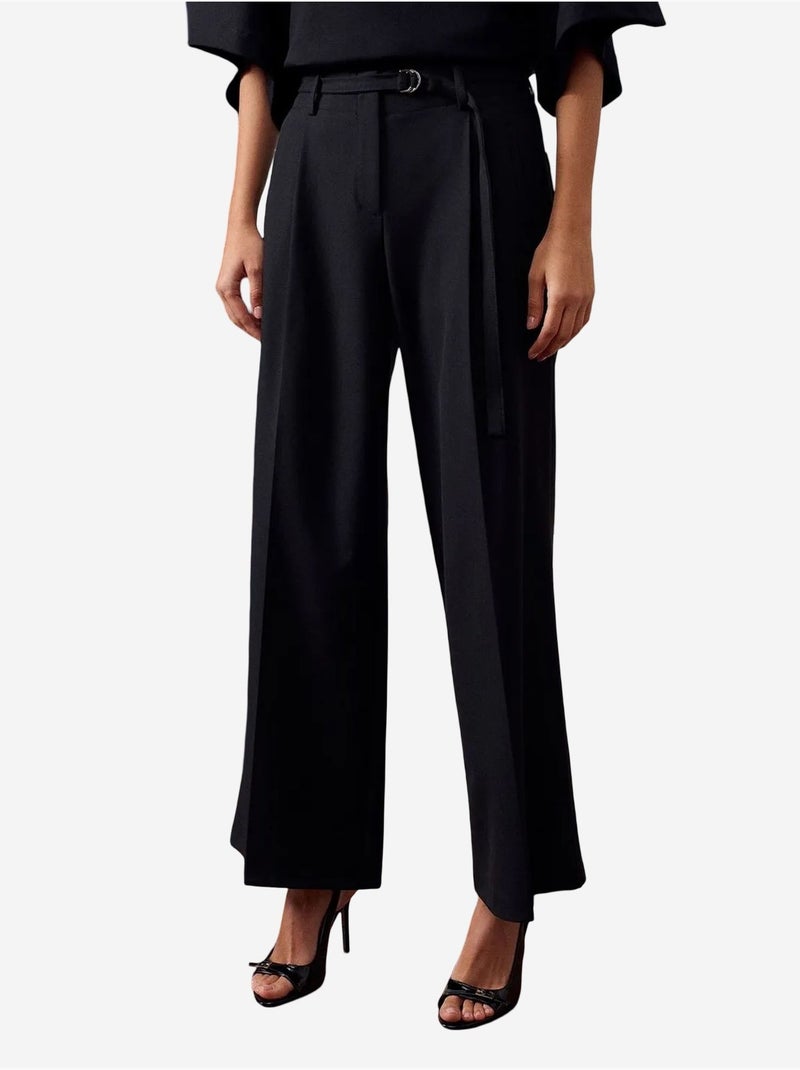 Pantalon large en crêpe avec ceinture dilvin Noir - Kiabi