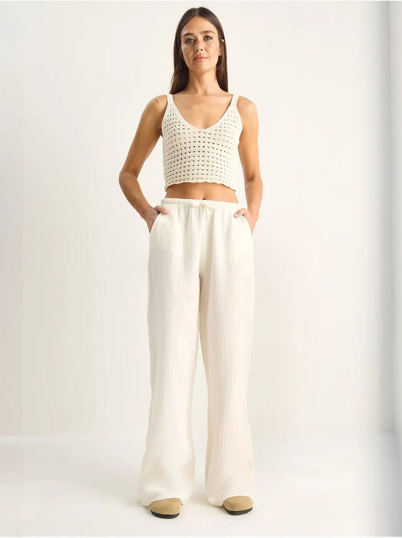 Pantalon large en crêpe de coton lucci Blanc cassé - Kiabi