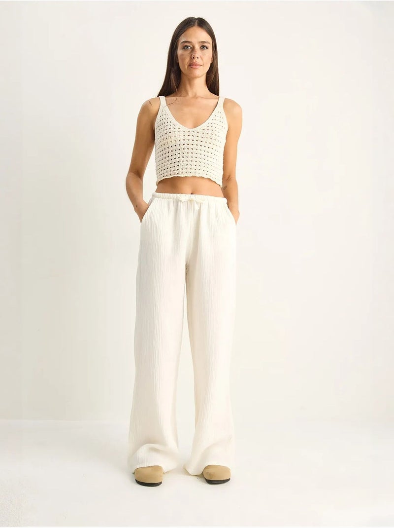 Pantalon large en crêpe de coton lucci Blanc cassé - Kiabi