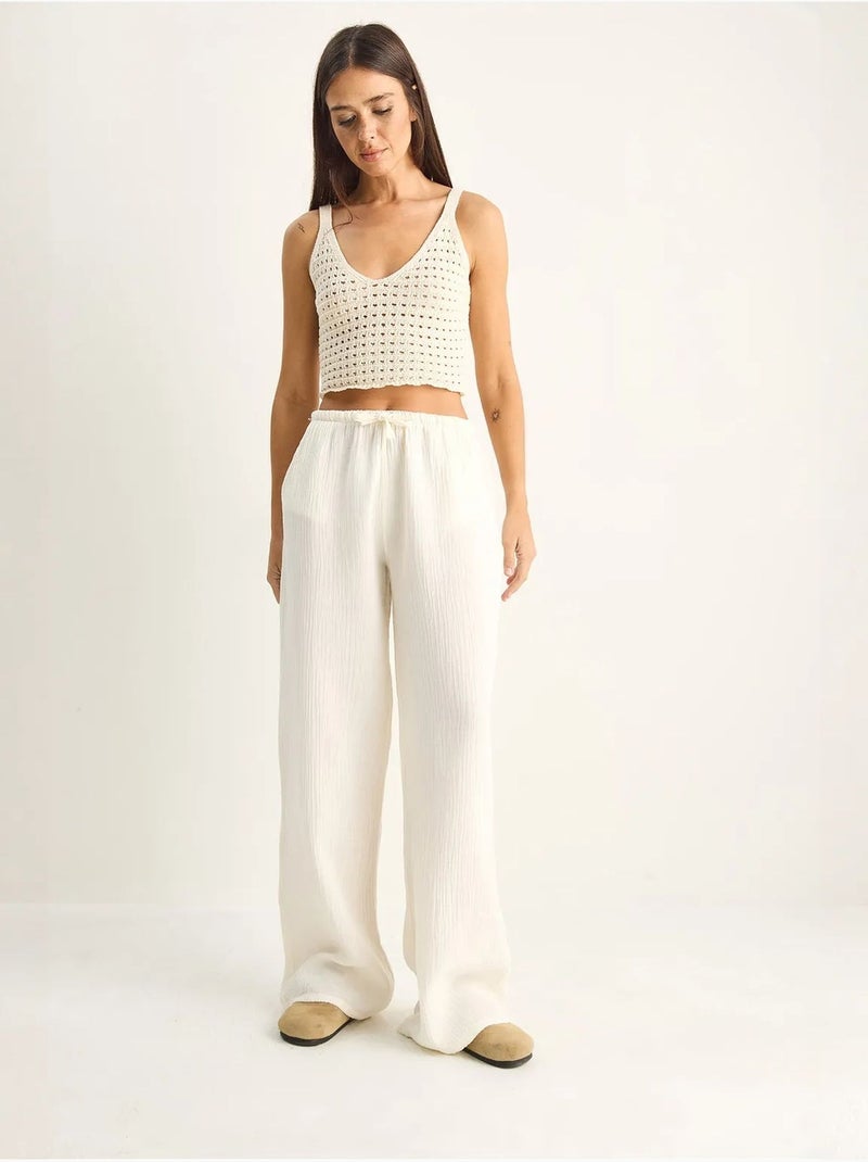Pantalon large en crêpe de coton lucci Blanc cassé - Kiabi