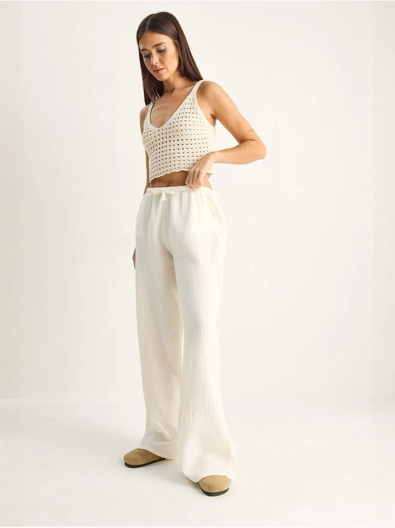 Pantalon large en crêpe de coton lucci Blanc cassé - Kiabi