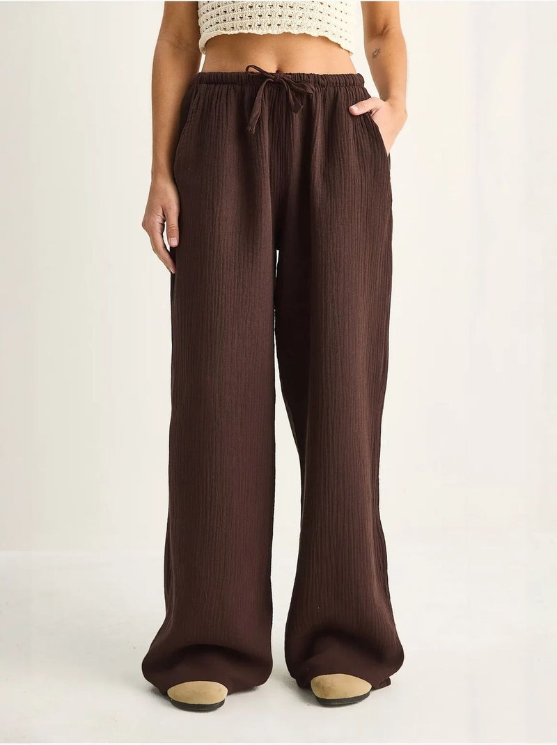 Pantalon large en crêpe de coton lucci Marron chocolat - Kiabi