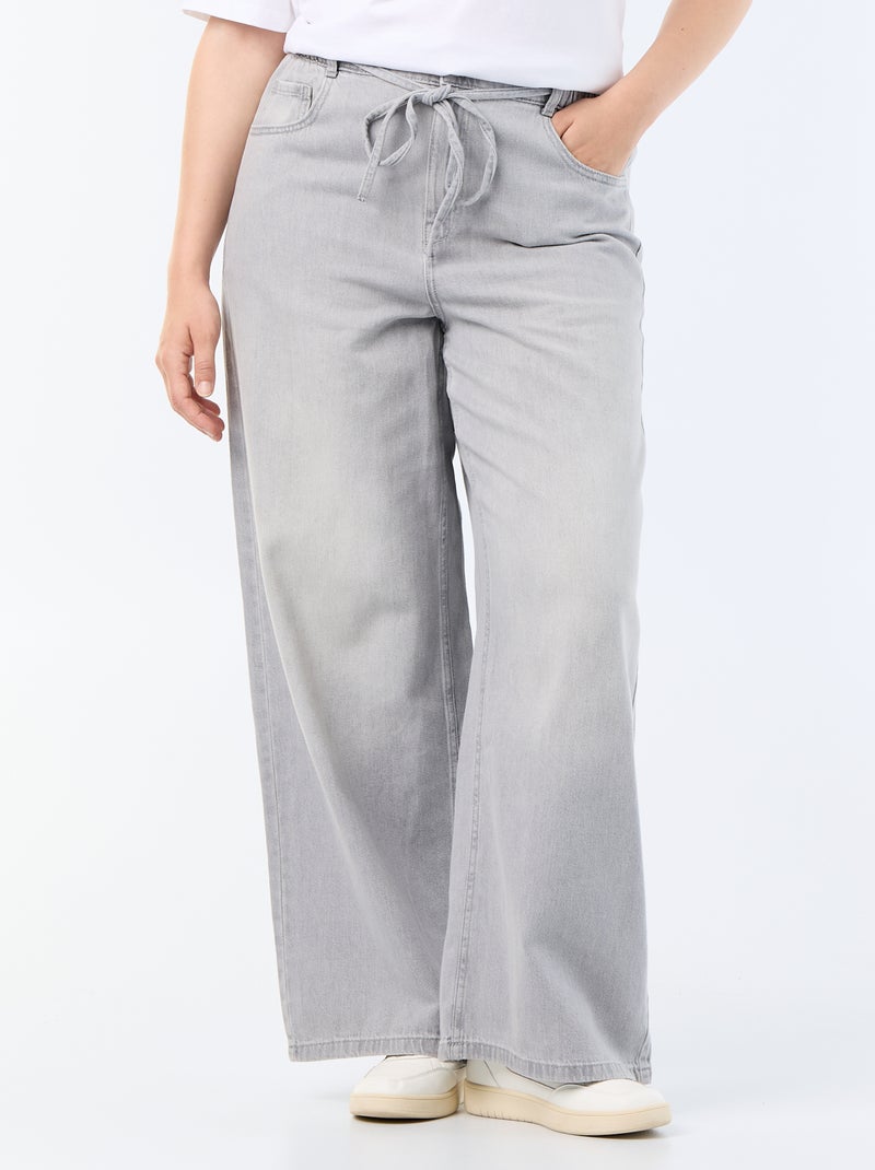 Pantalon large en denim avec ceinture à nouer Gris - Kiabi