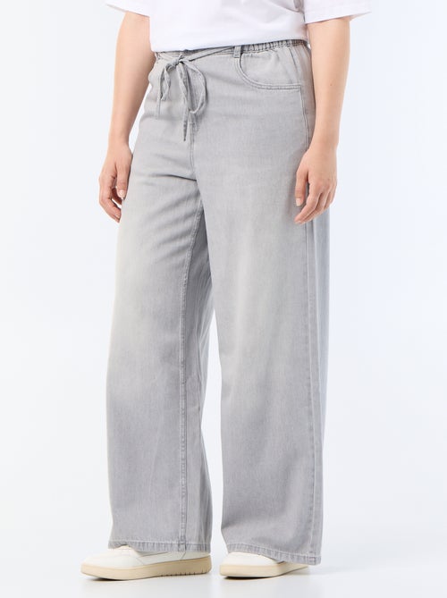 Pantalon large en denim avec ceinture à nouer - Kiabi