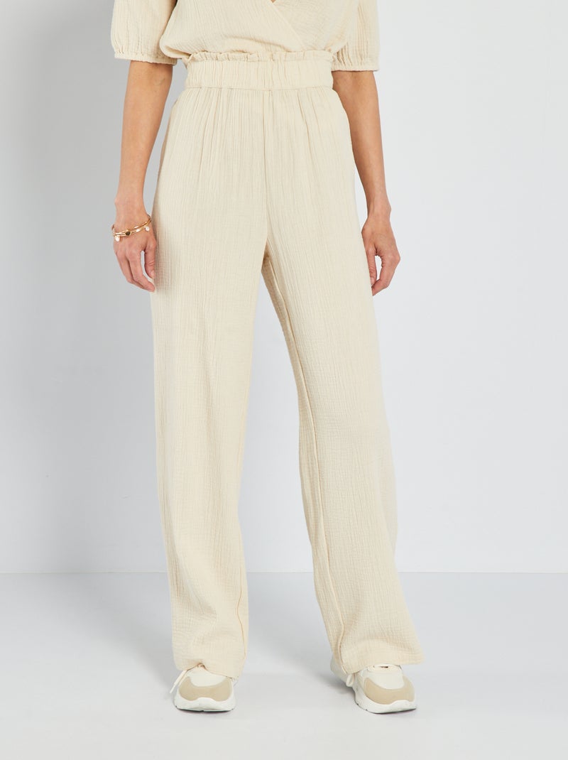 Pantalon large en gaze de coton Beige - Kiabi
