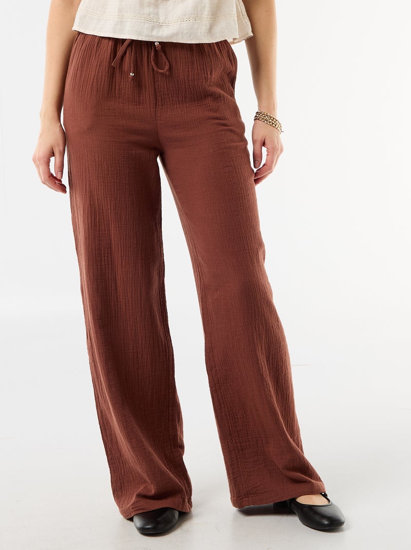 Pantalon large en gaze de coton femme Marron - Kiabi