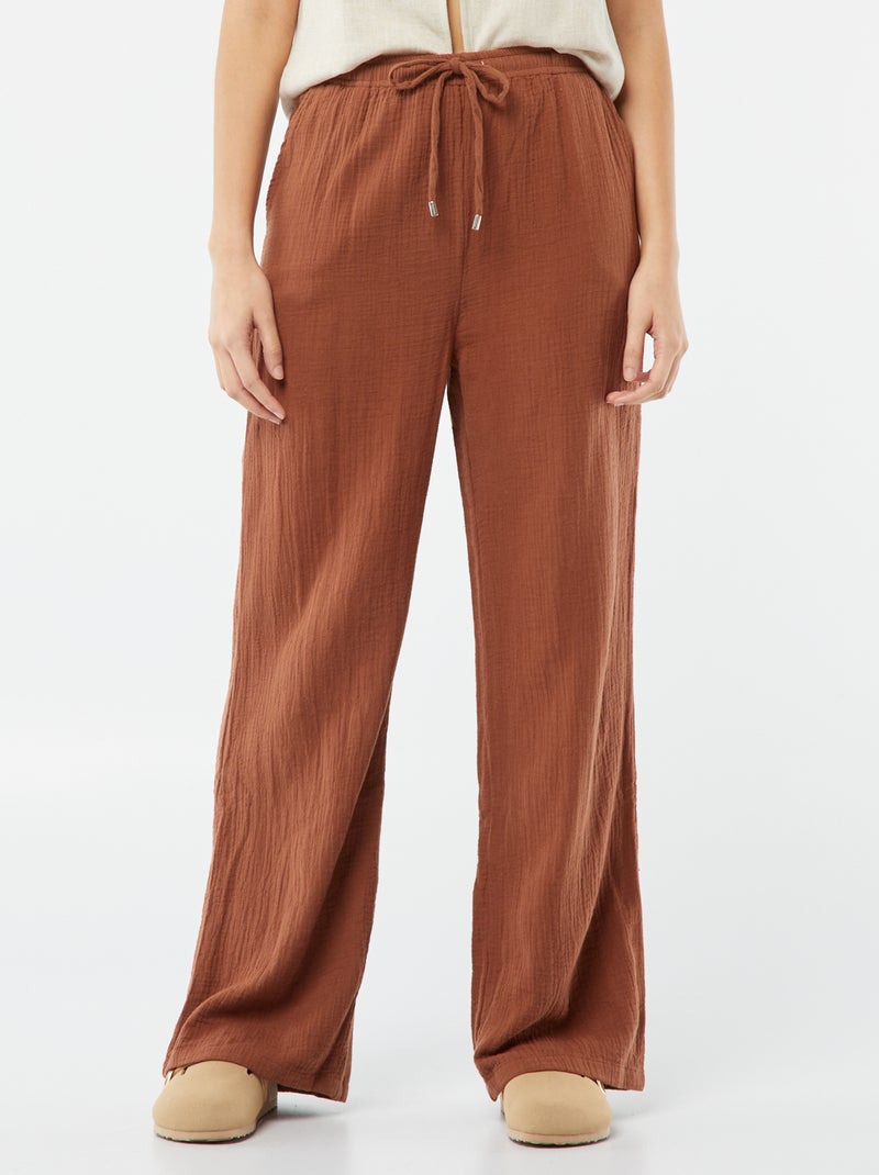 Pantalon large en gaze de coton Marron - Kiabi