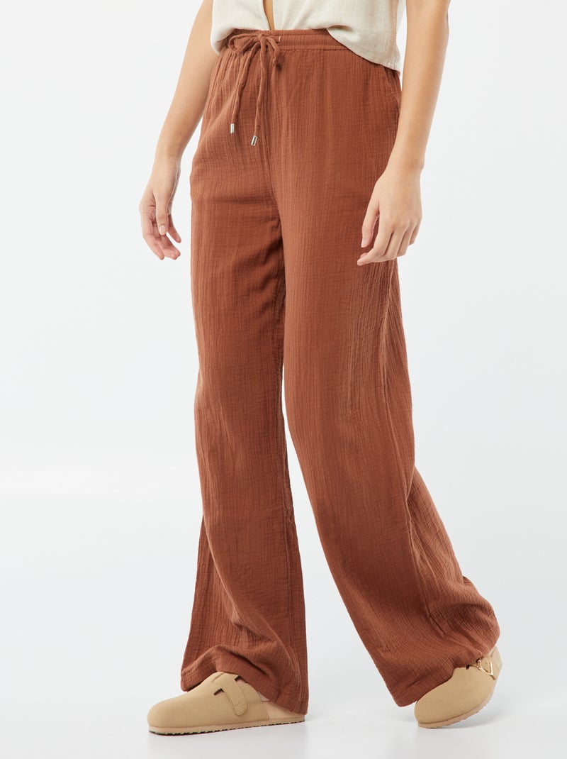 Pantalon large en gaze de coton Marron - Kiabi