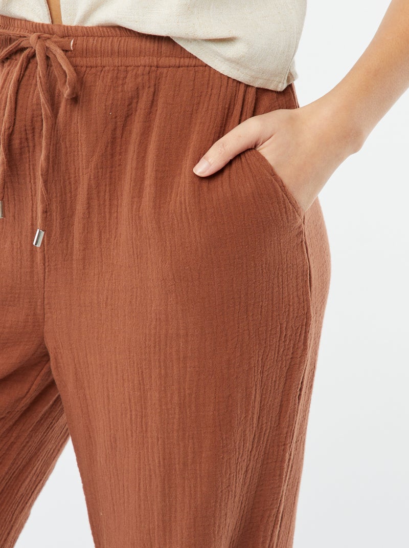 Pantalon large en gaze de coton Marron - Kiabi