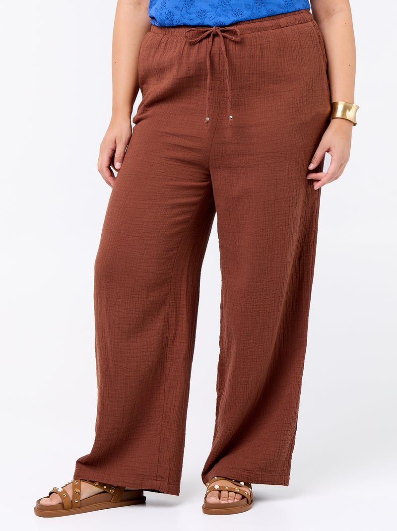 Pantalon large en gaze de coton Marron - Kiabi