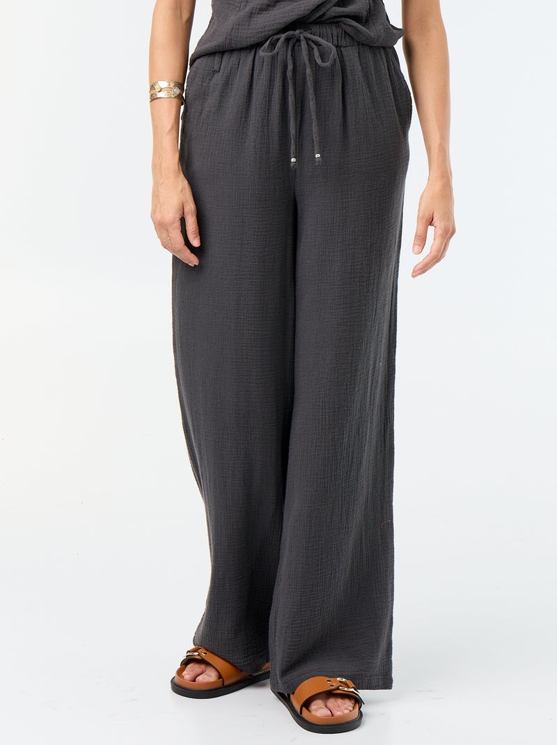 Pantalon large en gaze de coton Noir - Kiabi