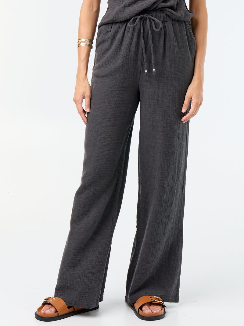 Pantalon large en gaze de coton Noir - Kiabi