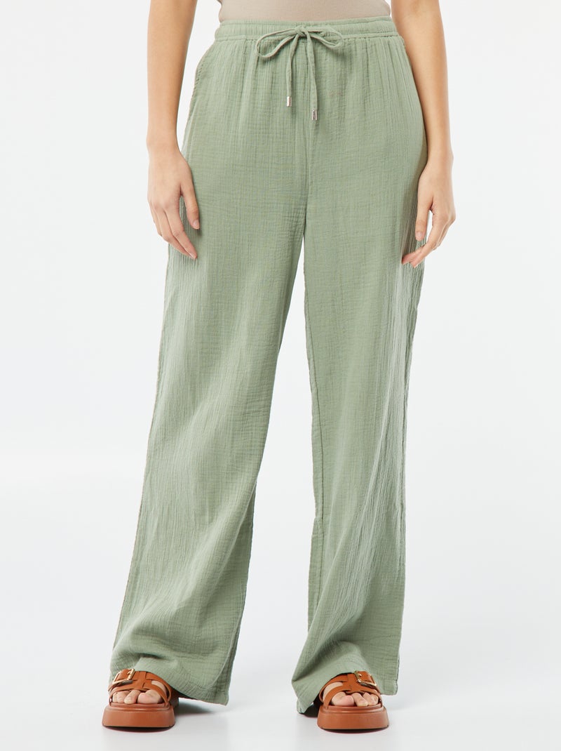 Pantalon large en gaze de coton Vert - Kiabi