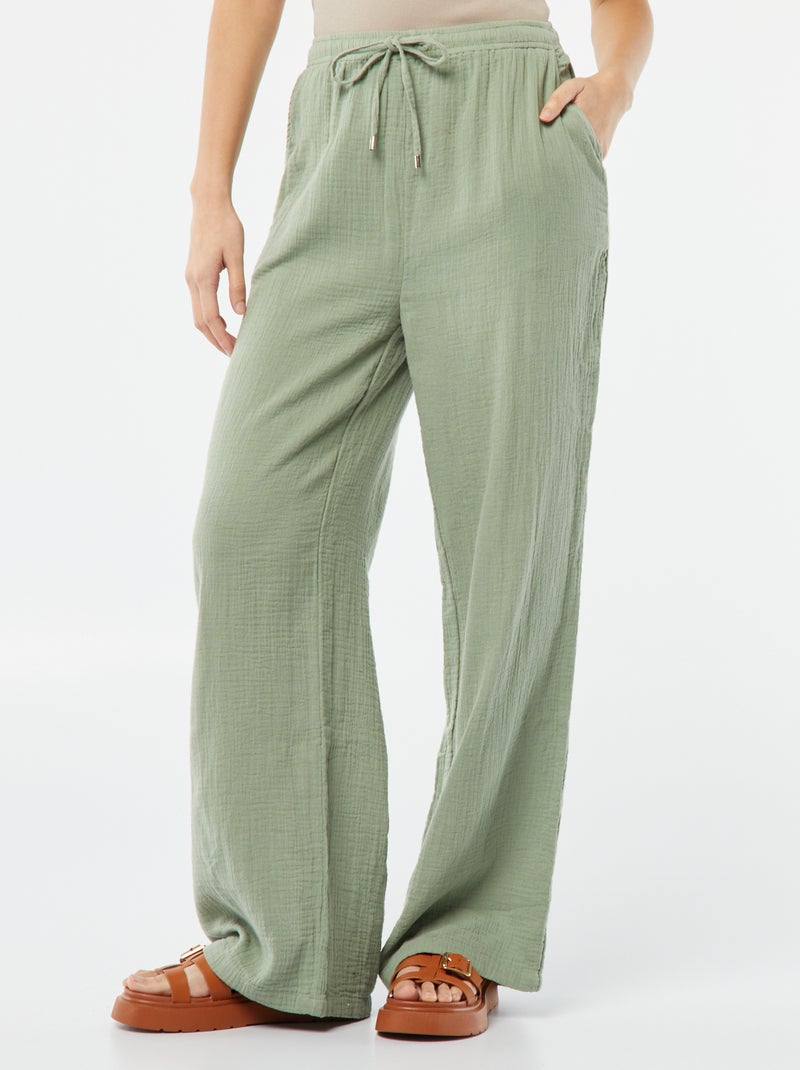Pantalon large en gaze de coton Vert - Kiabi