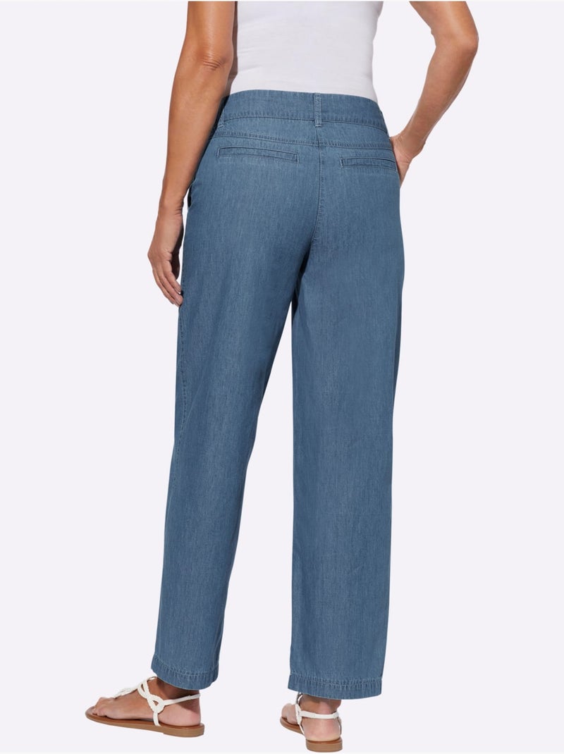 Pantalon large en jean léger avec poches et bouton - Taille courte - Moda Vilona Bleu Blanc - Kiabi