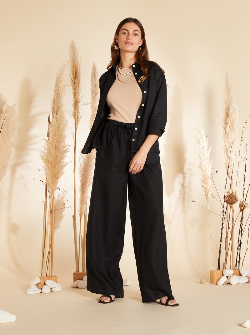 Pantalon large en lin avec taille élastiquée noir - Kiabi