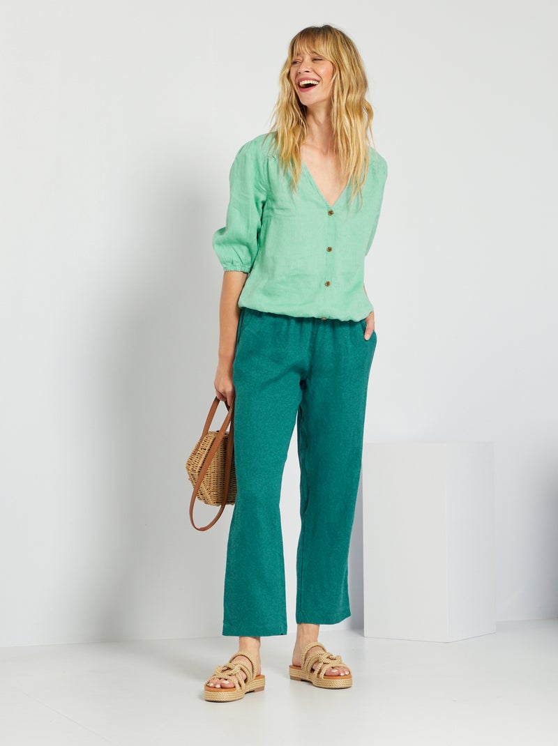 Pantalon large en lin Bleu canard - Kiabi
